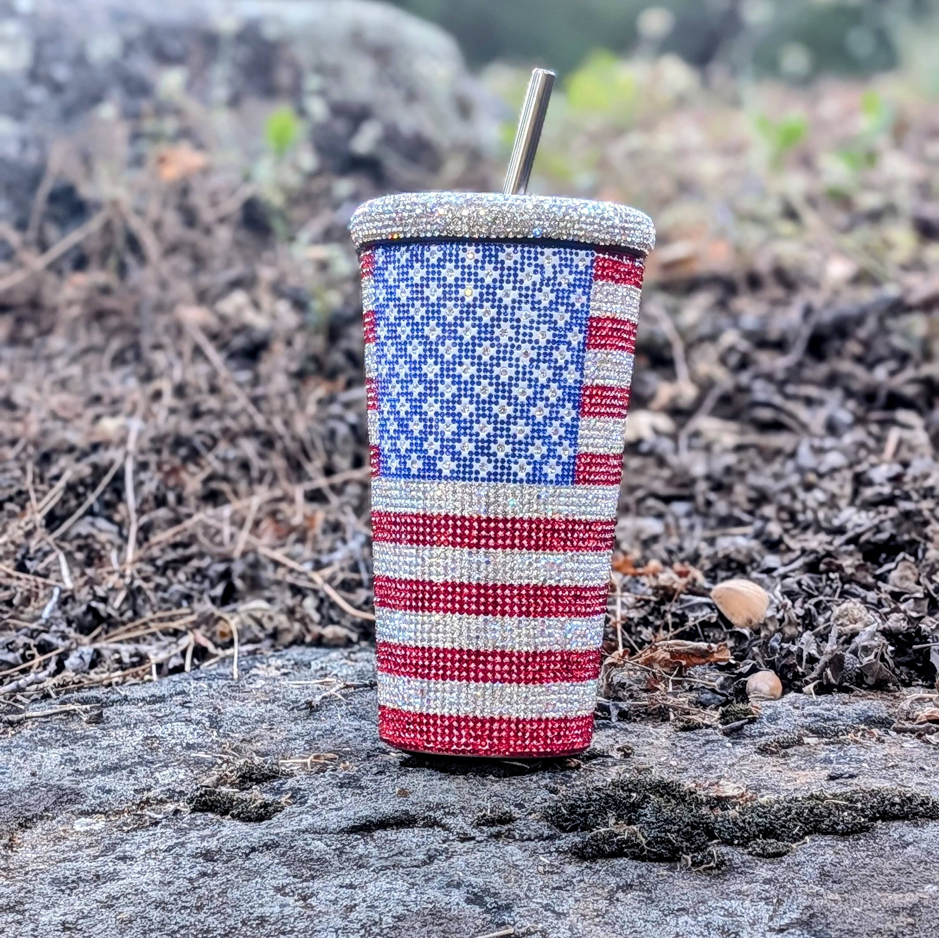 Patriotic American Flag Rhinestone Tumbler with Straw – 20oz Stainless Steel