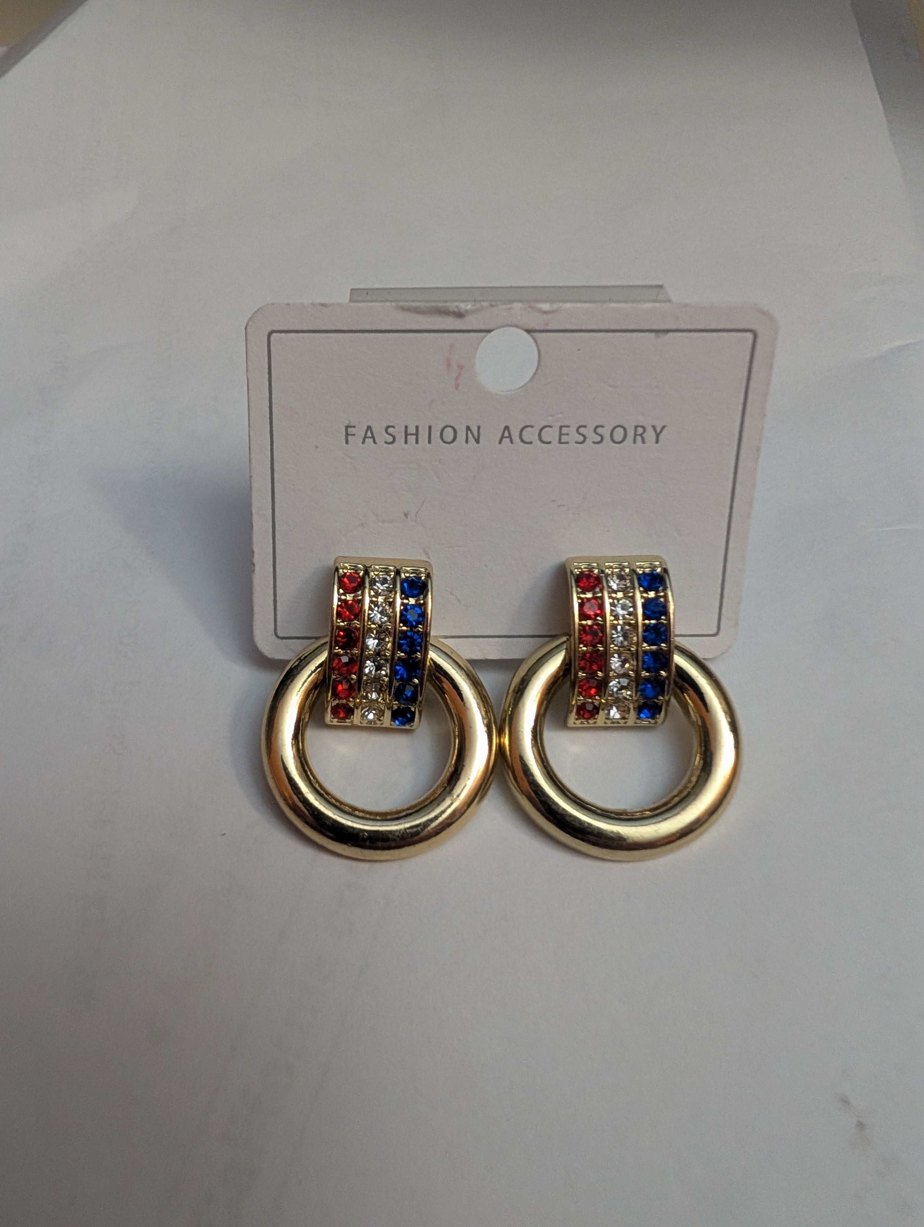 Patriotic Crystal Drop Hoop Earrings – Gold Tone